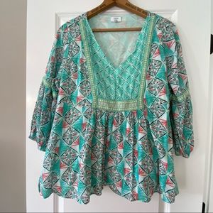 Crown & Ivy Print Peasant Blouse +Embroidery Trim